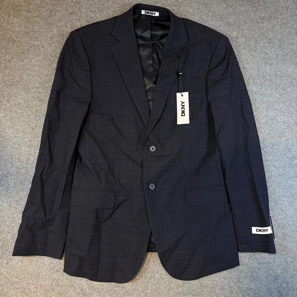 DKNY Duran Men 2 Piece Suit 38 Short 31W Navy Blue Plaid Modern Fit DNUR217W0356